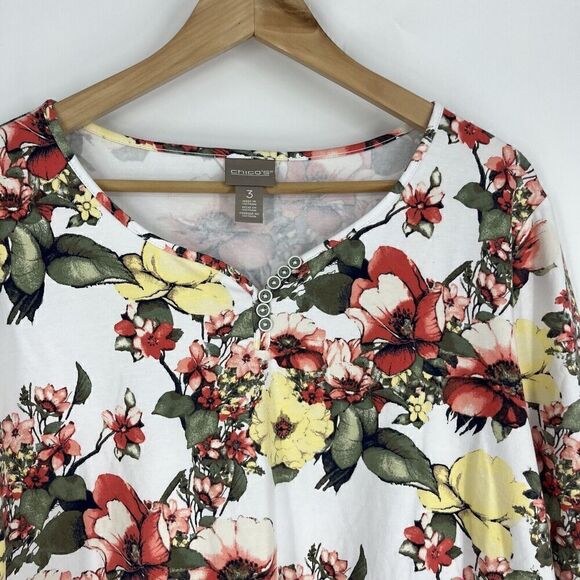 Chicos T Shirt Size 3 XL Womens White Red Gathered Floral Print Top Sweatheart - Picture 2 of 9